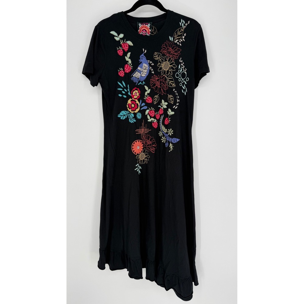 JOHNNY WAS ASYMMETRIC RUFFLE FLOUNCE SLEEVE DRESS NWT MEDIUM EMBROIDERED BOHO